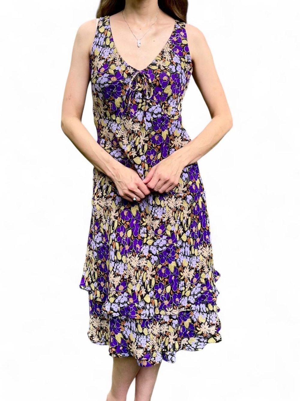 Vintage 90s Y2K Floral Tiered Midi Dress Purple Lavender Chartreuse SZ 6